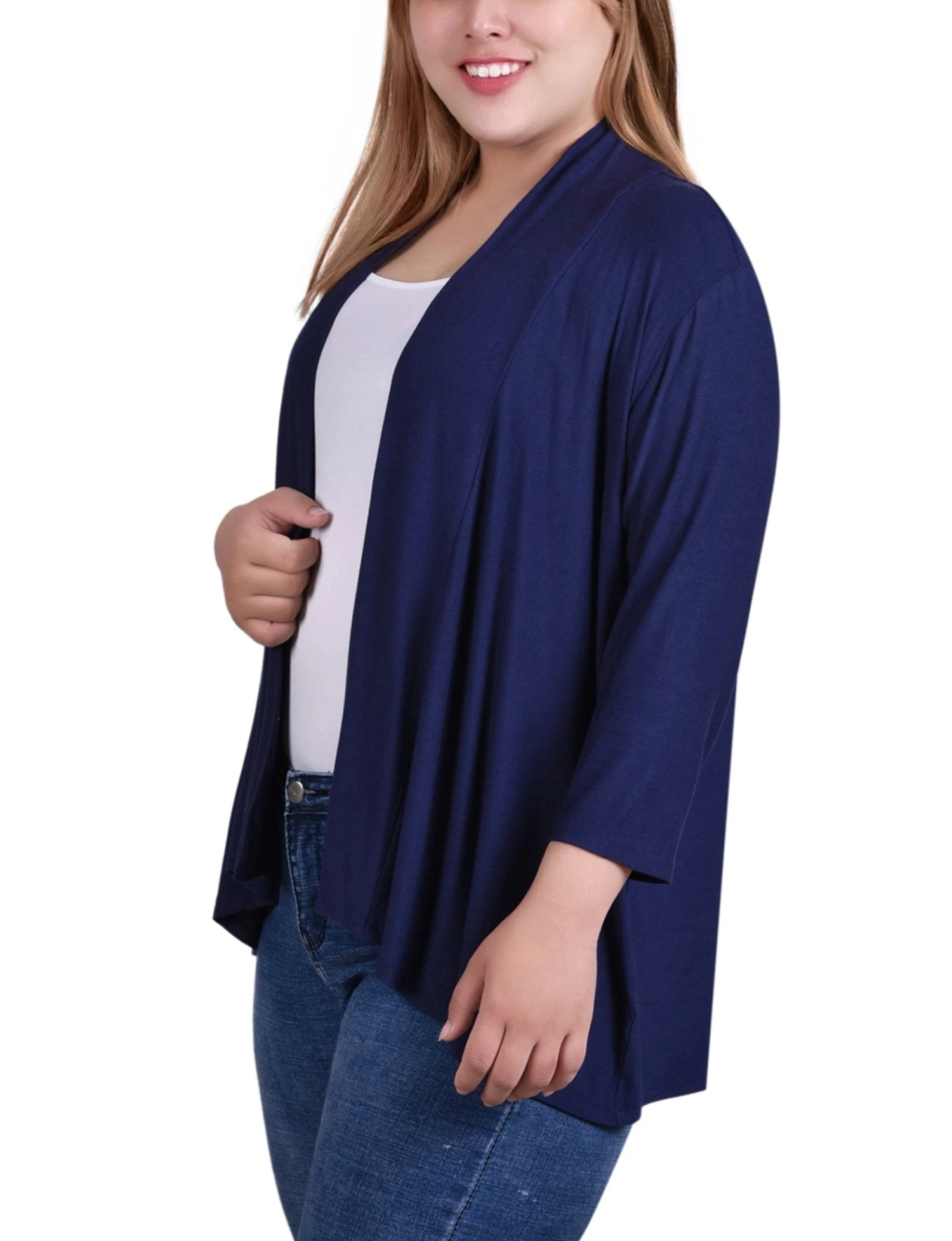 Plus Size Navy 3/4 Sleeve Solid Open-Front Cardigan 2 Plus Size Navy 3/4 Sleeve Solid Open-Front Cardigan - Image 2