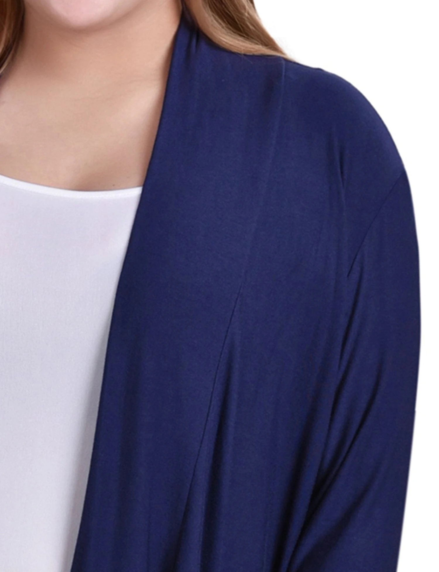 Plus Size Navy 3/4 Sleeve Solid Open-Front Cardigan 3 Plus Size Navy 3/4 Sleeve Solid Open-Front Cardigan - Image 3