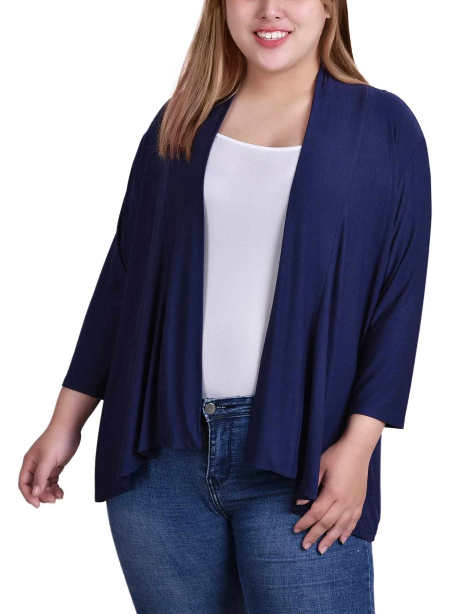 Plus Size Navy 3/4 Sleeve Solid Open-Front Cardigan 1 Plus Size Navy 3/4 Sleeve Solid Open-Front Cardigan