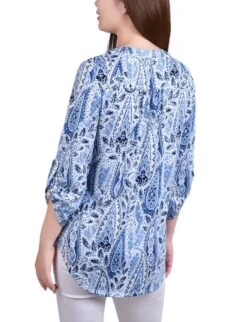 Amoreduo Navy 3/4 Bell Sleeve Pleat Front Y-Neck Top -Dressbarn Store navy amoreduo 34 bell sleeve pleat front y neck top 771009