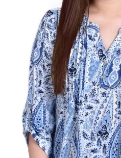 Amoreduo Navy 3/4 Bell Sleeve Pleat Front Y-Neck Top -Dressbarn Store navy amoreduo 34 bell sleeve pleat front y neck top 937475