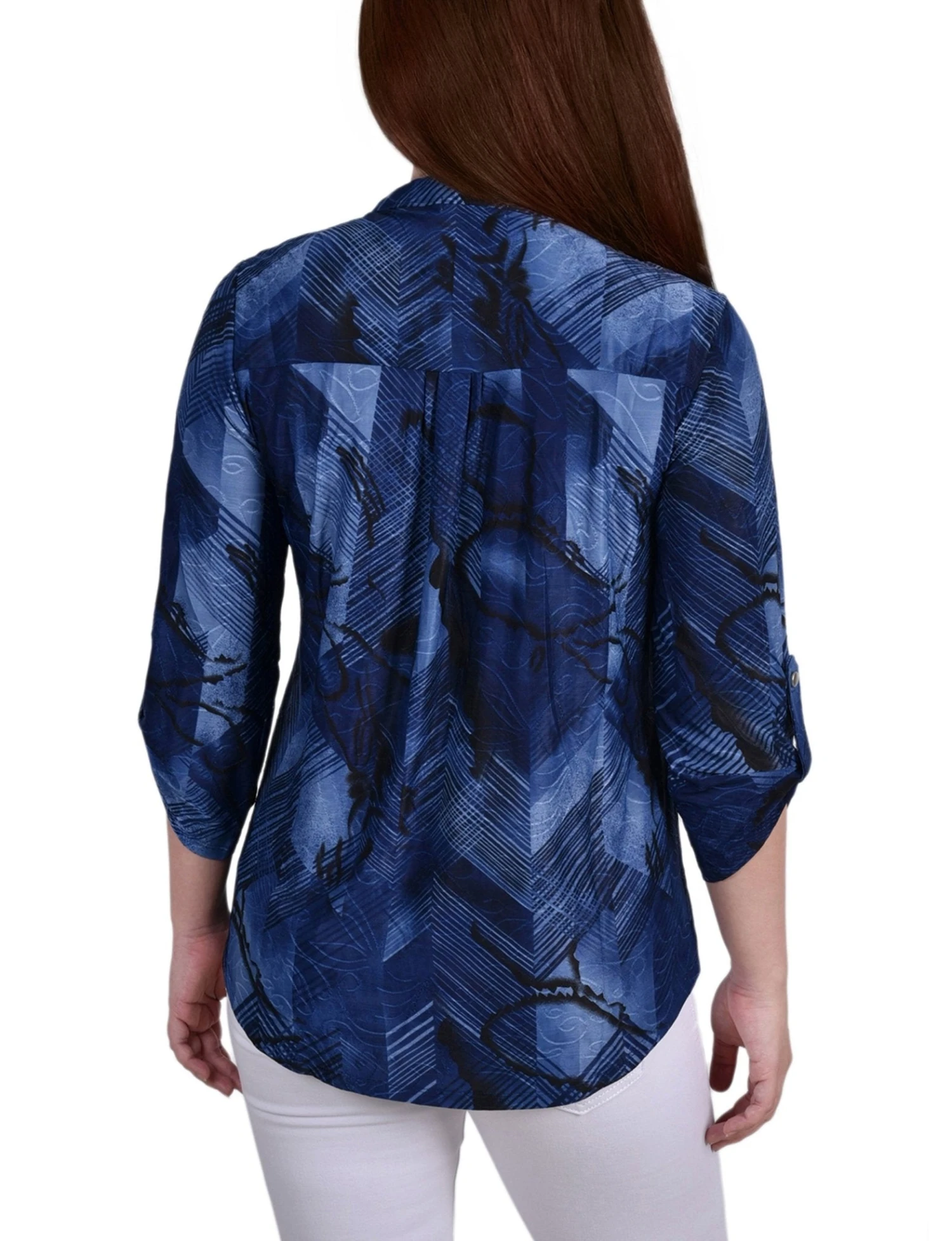 Navy Chevron 3/4 Sleeve Roll Tab Y-Neck Top 4 Navy Chevron 3/4 Sleeve Roll Tab Y-Neck Top - Image 4