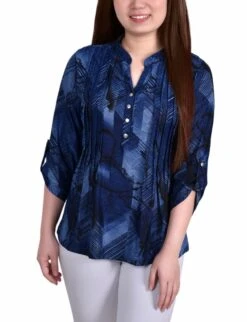 Navy Chevron 3/4 Sleeve Roll Tab Y-Neck Top