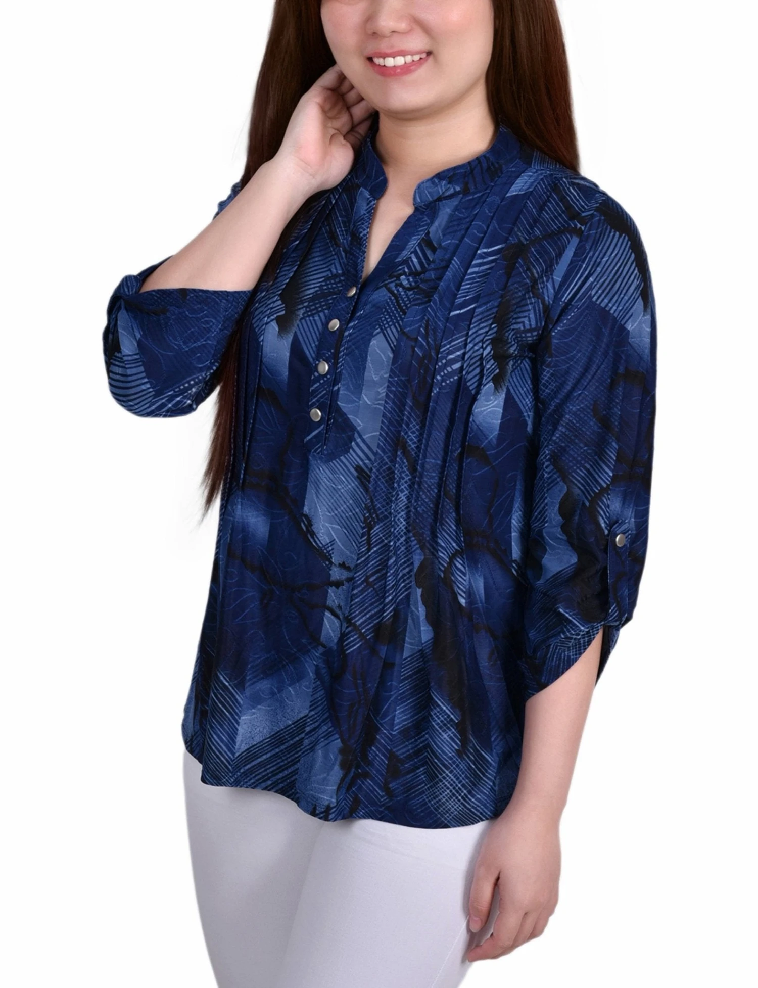 Navy Chevron 3/4 Sleeve Roll Tab Y-Neck Top 2 Navy Chevron 3/4 Sleeve Roll Tab Y-Neck Top - Image 2