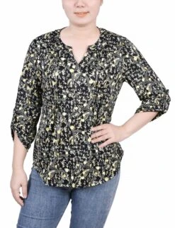 Navy Gold Damask Petite Blouse with 3/4 Roll Tab Sleeves