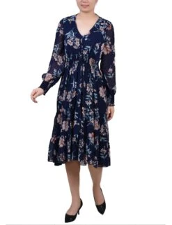 Navy Floral Clip Dot Chiffon Dress with Smocked Waist and Cuffs