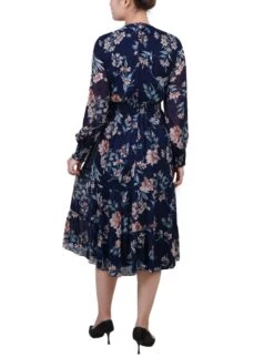 Navy Floral Clip Dot Chiffon Dress with Smocked Waist and Cuffs -Dressbarn Store navy hydrolily long sleeve clip dot chiffon dress with smocked waist and cuffs 610293
