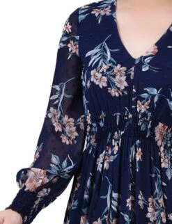 Navy Floral Clip Dot Chiffon Dress with Smocked Waist and Cuffs -Dressbarn Store navy hydrolily long sleeve clip dot chiffon dress with smocked waist and cuffs 876463
