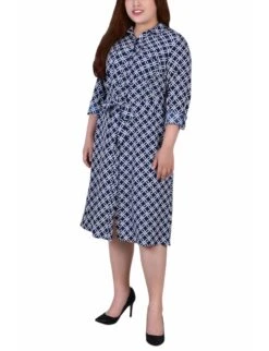 Plus Size Navy Belted Shirtdress with Versatile Roll Tab Sleeves