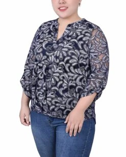 Elegant Navy Scrolleaf Long Sleeve Burnout Y Neck Blouse - Plus Size