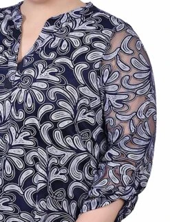 Elegant Navy Scrolleaf Long Sleeve Burnout Y Neck Blouse - Plus Size -Dressbarn Store navy scrolleaf long sleeve burnout y neck blouse plus 920227