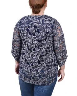 Elegant Navy Scrolleaf Long Sleeve Burnout Y Neck Blouse - Plus Size -Dressbarn Store navy scrolleaf long sleeve burnout y neck blouse plus 997563