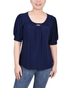 Navy Short Sleeve Balloon Sleeve Top with Hardware Accent