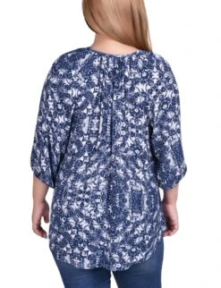 Plus Size Navy 3/4 Sleeve Peasant Top with Tie Neckline -Dressbarn Store navy skyterrace 34 sleeve peasant top with tie neckline plus 487957