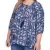 Plus Size Navy 3/4 Sleeve Peasant Top with Tie Neckline