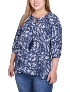 Plus Size Navy 3/4 Sleeve Peasant Top with Tie Neckline