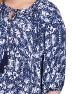 Plus Size Navy 3/4 Sleeve Peasant Top with Tie Neckline -Dressbarn Store navy skyterrace 34 sleeve peasant top with tie neckline plus 862640