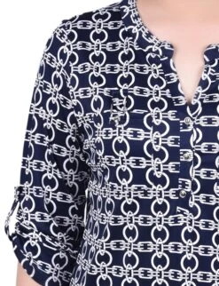 Women's Navy and White Chain Print Blouse with Roll-Tab Sleeves and Pockets -Dressbarn Store navy white chain long tab sleeve top with pockets 406866