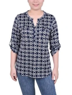 Women's Navy and White Chain Print Blouse with Roll-Tab Sleeves and Pockets