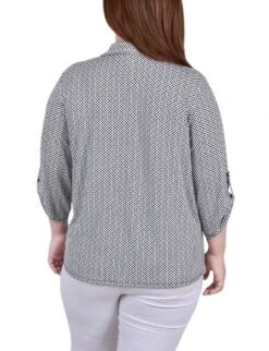 Night Particle Plus Size Studded Y Neck Top with 3/4 Roll Tab Sleeves -Dressbarn Store night particle 34 roll tab sleeve studded y neck top plus 266212