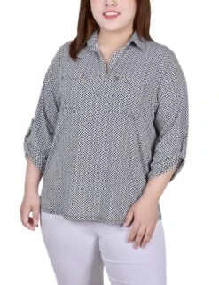 Night Particle Plus Size Studded Y Neck Top with 3/4 Roll Tab Sleeves