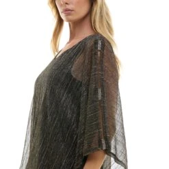 Moonlight Hologram Rhinestone Cold Shoulder Poncho and Pant Set -Dressbarn Store novelty trim cold shoulder poncho pant set 482406
