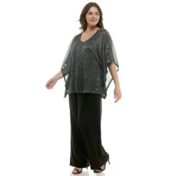 Plus Size Rhinestone Cold Shoulder Poncho and Pant Evening Set