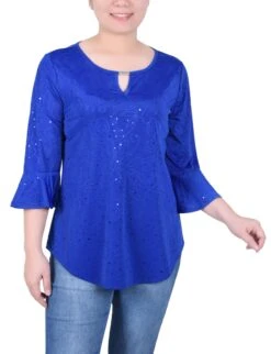 Petite 3/4 Bell Sleeve Jacquard Knit Top with Keyhole Detail -Dressbarn Store ny collection 34 bell sleeve top with hardware petite 331365