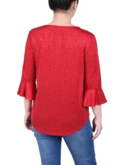 Petite 3/4 Bell Sleeve Jacquard Knit Top with Keyhole Detail -Dressbarn Store ny collection 34 bell sleeve top with hardware petite 585715