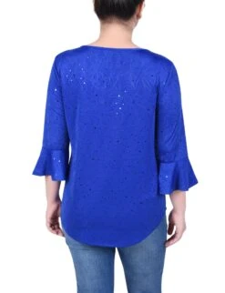 Petite 3/4 Bell Sleeve Jacquard Knit Top with Keyhole Detail -Dressbarn Store ny collection 34 bell sleeve top with hardware petite 623054