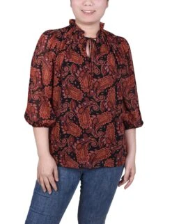 Petite 3/4 Sleeve Chiffon Blouse with Ruffled Collar and Keyhole Tie -Dressbarn Store ny collection 34 sleeve chiffon blouse petite 150261