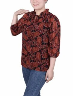 Petite 3/4 Sleeve Chiffon Blouse with Ruffled Collar and Keyhole Tie -Dressbarn Store ny collection 34 sleeve chiffon blouse petite 386711