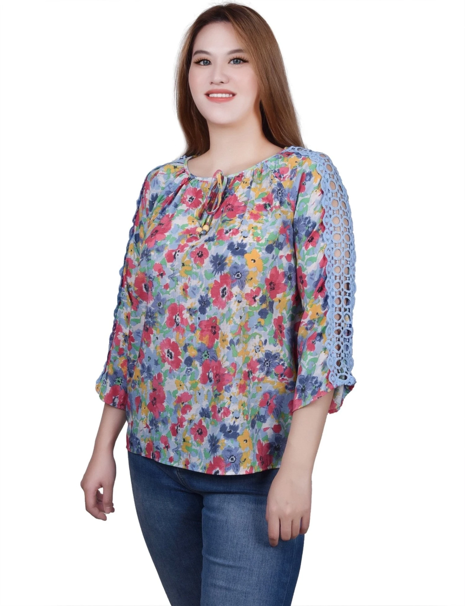 3/4 Sleeve Crochet Detail Blouse with Beaded Neckline 5 3/4 Sleeve Crochet Detail Blouse with Beaded Neckline - Image 5