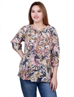 Petite 3/4 Sleeve Drawstring Neck Blouse in Rayon Slub