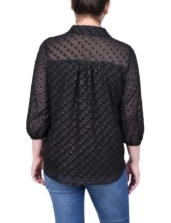 Petite Foiled Jacquard Chiffon Blouse - Elegant 3/4 Sleeve Evening Top -Dressbarn Store ny collection 34 sleeve foiled jacquard chiffon blouse petite 165925