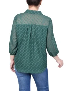Petite Foiled Jacquard Chiffon Blouse - Elegant 3/4 Sleeve Evening Top -Dressbarn Store ny collection 34 sleeve foiled jacquard chiffon blouse petite 233362