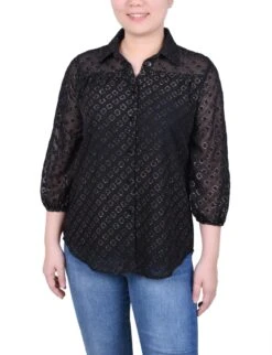 Petite Foiled Jacquard Chiffon Blouse - Elegant 3/4 Sleeve Evening Top