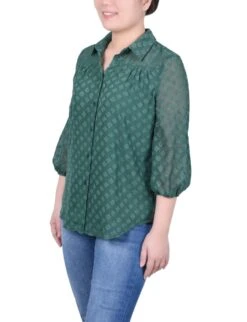 Petite Foiled Jacquard Chiffon Blouse - Elegant 3/4 Sleeve Evening Top -Dressbarn Store ny collection 34 sleeve foiled jacquard chiffon blouse petite 492675