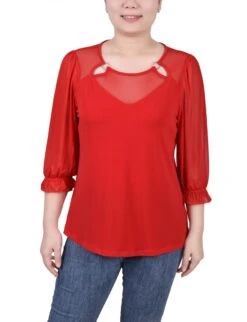 Petite 3/4 Sleeve Mesh Top with Ring Detail - Elegant Jersey Knit