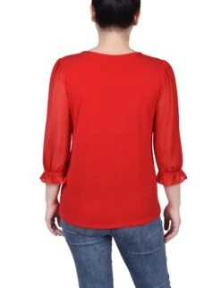 Petite 3/4 Sleeve Mesh Top with Ring Detail - Elegant Jersey Knit -Dressbarn Store ny collection 34 sleeve ringed top with mesh petite 530916