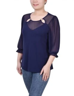 Petite 3/4 Sleeve Mesh Top with Ring Detail - Elegant Jersey Knit -Dressbarn Store ny collection 34 sleeve ringed top with mesh petite 643178