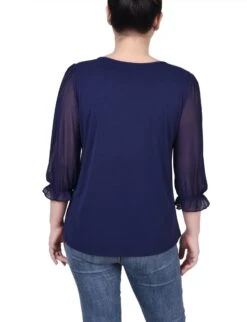 Petite 3/4 Sleeve Mesh Top with Ring Detail - Elegant Jersey Knit -Dressbarn Store ny collection 34 sleeve ringed top with mesh petite 900509