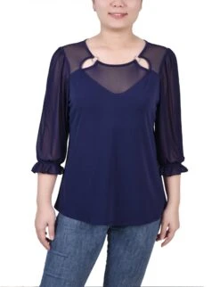 Petite 3/4 Sleeve Mesh Top with Ring Detail - Elegant Jersey Knit -Dressbarn Store ny collection 34 sleeve ringed top with mesh petite 954603