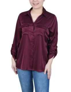 Petite Roll Tab Satin Blouse - Elegant 3/4 Sleeve Button Down Top