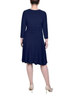 Petite 3/4 Sleeve Ruched-Waist Midi Dress - Slimming Jersey Knit -Dressbarn Store ny collection 34 sleeve rouched waist dress petite 243371