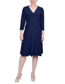 Petite 3/4 Sleeve Ruched-Waist Midi Dress - Slimming Jersey Knit -Dressbarn Store ny collection 34 sleeve rouched waist dress petite 900454