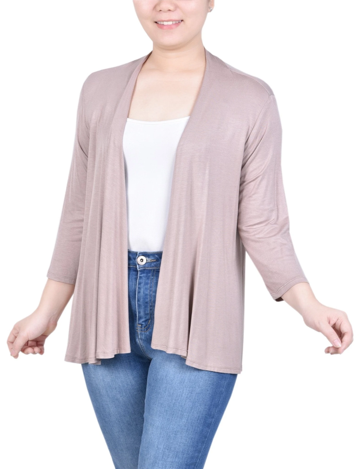 Petite 3/4 Length Sleeve Open Front Jersey Cardigan 9 Petite 3/4 Length Sleeve Open Front Jersey Cardigan - Image 9