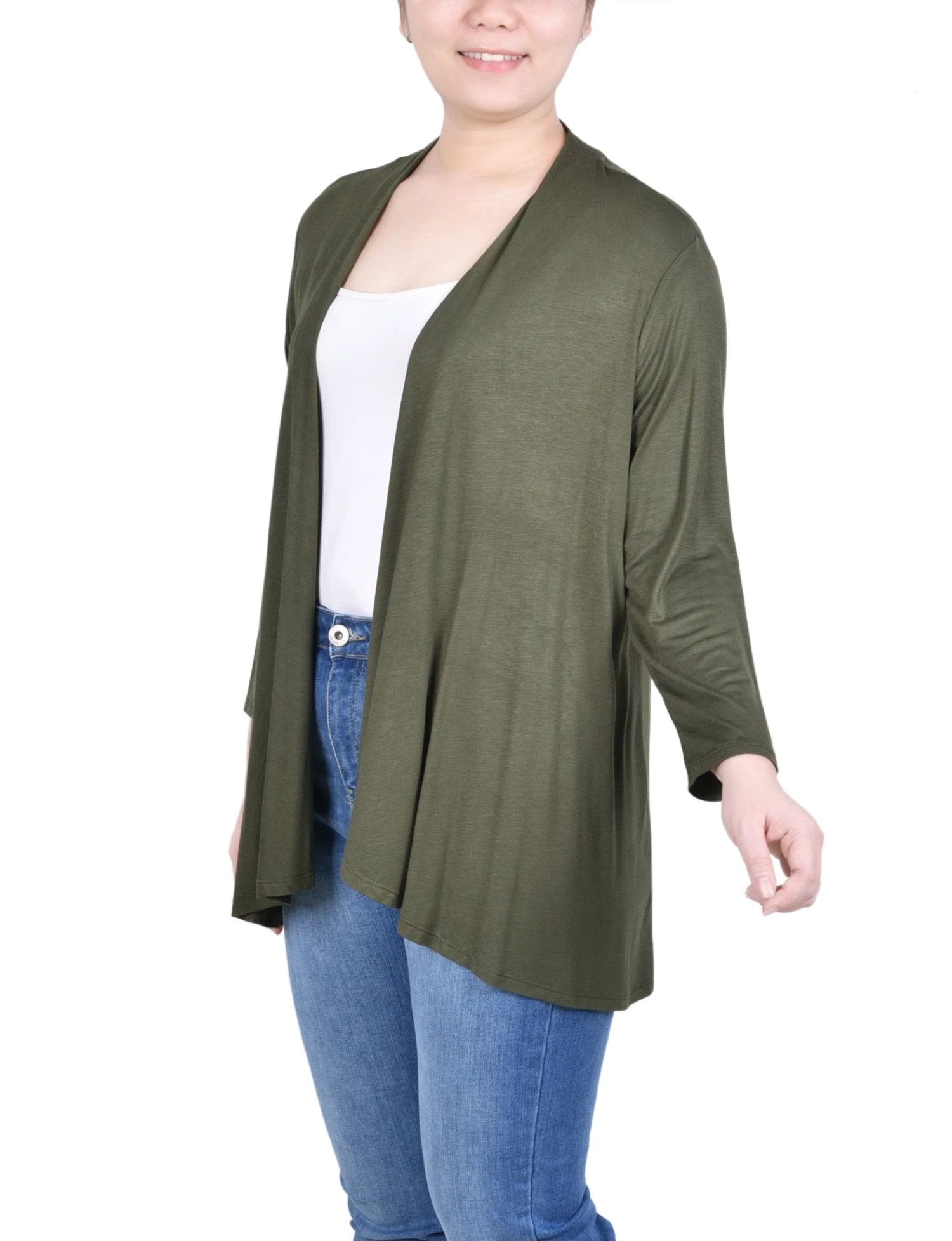Petite 3/4 Length Sleeve Open Front Jersey Cardigan 2 Petite 3/4 Length Sleeve Open Front Jersey Cardigan - Image 2