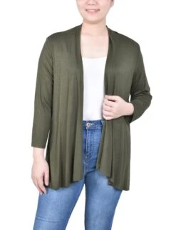 Petite 3/4 Length Sleeve Open Front Jersey Cardigan