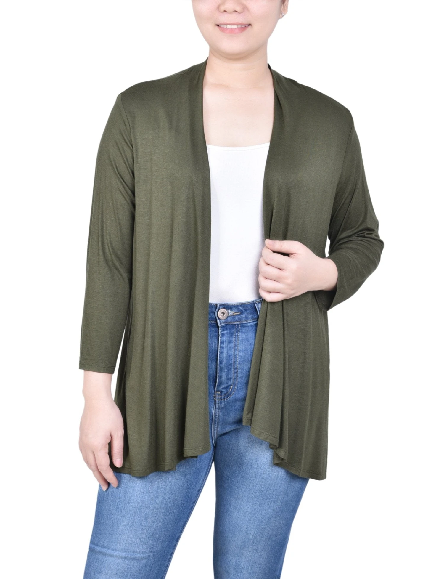 Petite 3/4 Length Sleeve Open Front Jersey Cardigan 1 Petite 3/4 Length Sleeve Open Front Jersey Cardigan